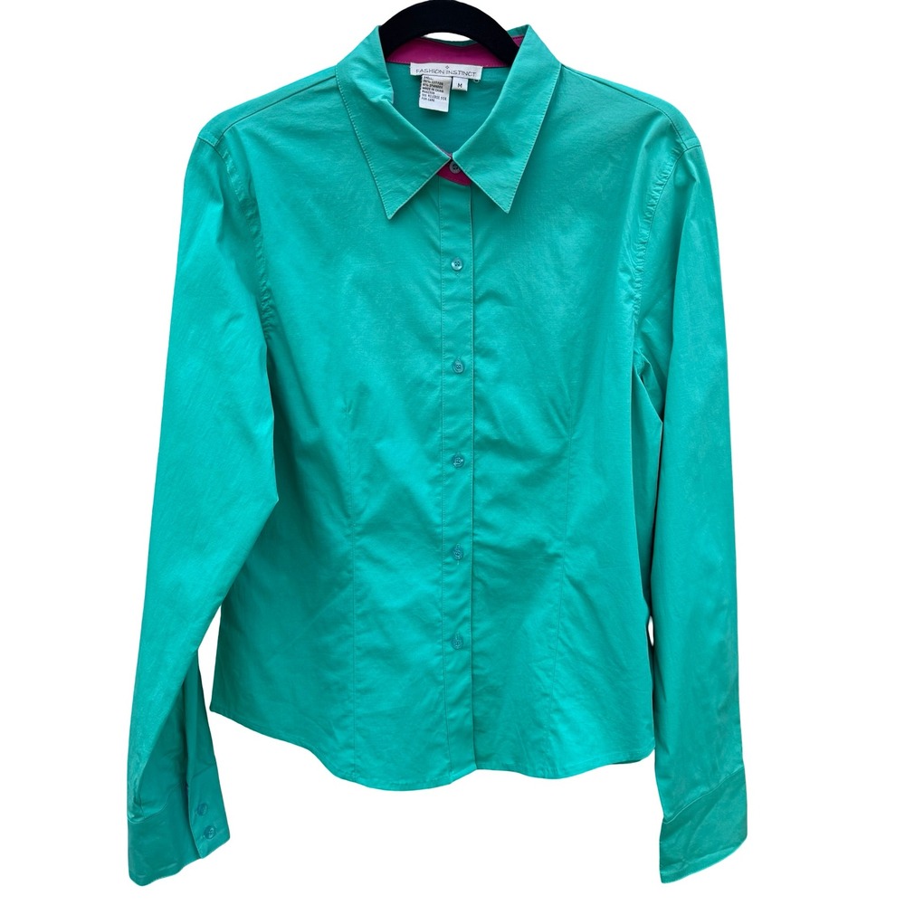 Fashion Instinct Teal Green Button Down Shirt Magenta Trim Womens Medium NWT